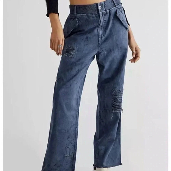 NWT Free People Freddie Cargo Wide Leg Pants High Rise Baggy Zip Navy Blue